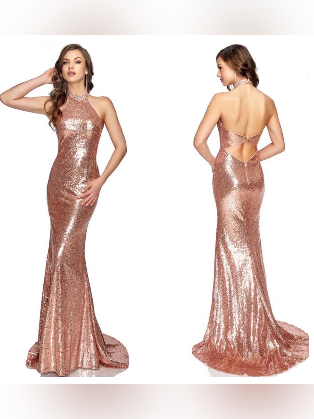 Abby Paris by Lucci Lu Rose Gold Sequin Floor Length Evening Gown Size 10 (M)